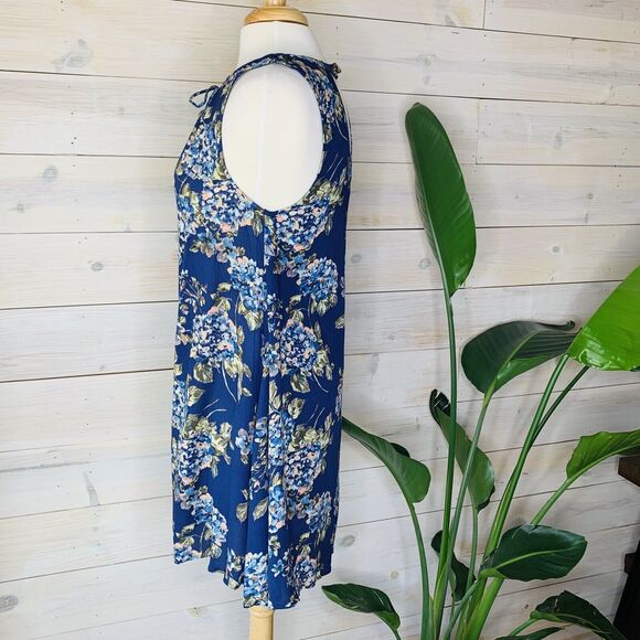 Blue Floral Sleeveless Short Shift Dress With Lace-up Neckline Size Small - Picture 8 of 8